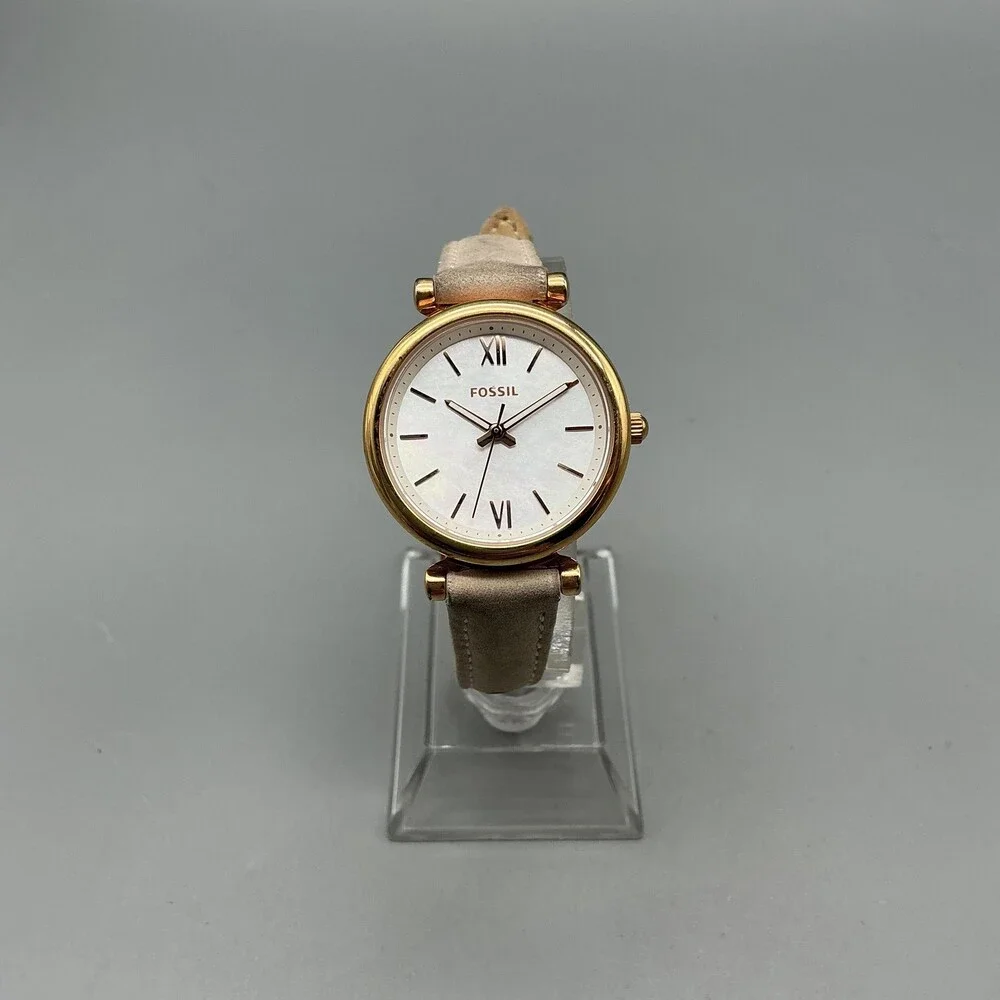 Fossil ES4099 Womens Watch 28mm White Rose Gold Tone Beige Leather New Battery